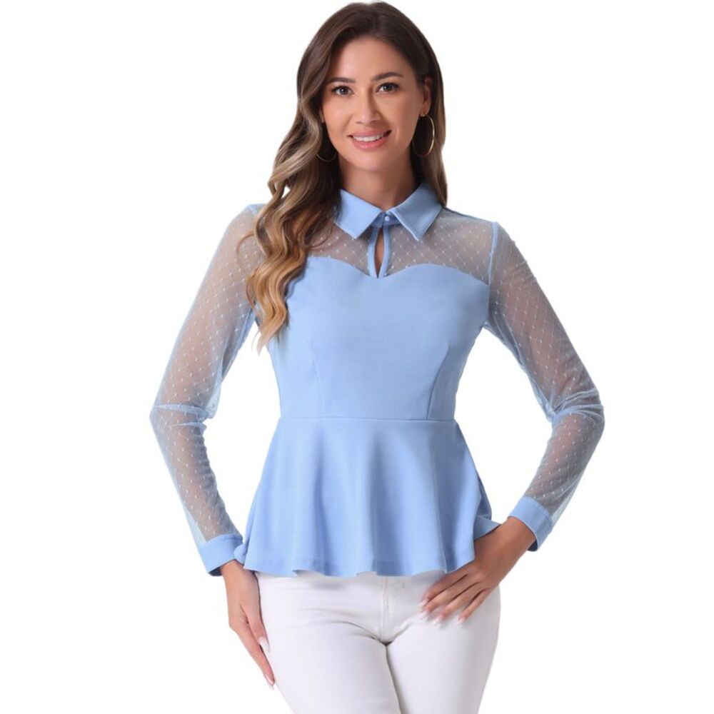 Mesh Sheer Long Sleeve Blouse Turn Down Collar Keyhole Peplum Top Light Blue